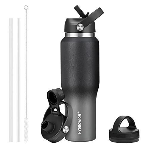 Hydrowion 32Oz Water Bottle, Double Wall Vacuum Stainless Steel Insulated Water Flask With Straw Lid, Spout Lid And Flex Cap(Cold For 48 Hrs, Hot For 24 Hrs), Leakproof Travel Thermo Mug, Black&Grey #TOP2