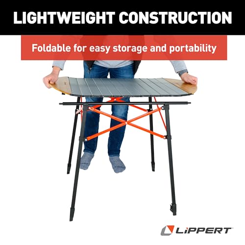 Image of Lippert Bamboo /Hammer Grey Roll Top Camping Table with Powder-Coated Aluminum Top /Frame, Durable Bamboo Edges, Foldable Design, Adjustable Legs, Lightweight Construction - 2023053727