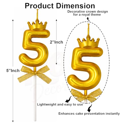 Image of Rozi Decoration Number 5 Birthday Candle for Cake with Crown Design | Gold Metallic Number Candle with Stick | Fifth Birthday Cake Topper for Baby, Kids and Party Celebration