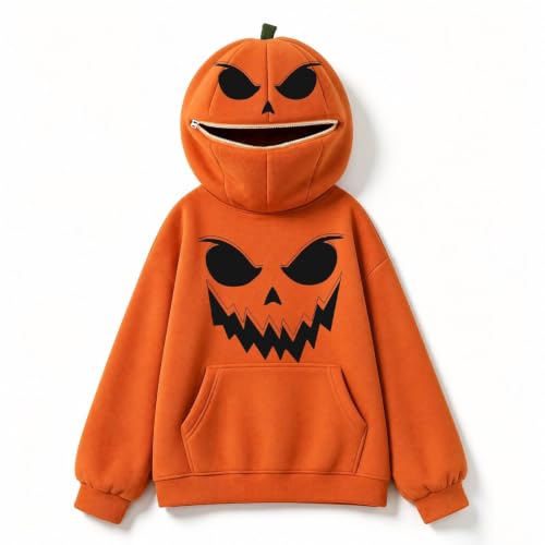 Hrwauag Halloween Costume Hoodie for Women Pumpkin Head Zipper Mask Design Long Sleeve Pullover with Pocket Pumpkin Snuggie - image 6