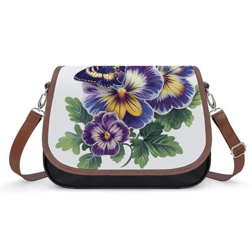 Sac à main en cuir pour femmes à motif fleurs de pensée et papillon étanche