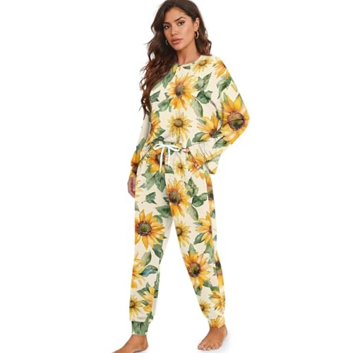 Image of Womens Lounge Set Long Sleeve Soft Pajama Sets | Casual 2 Piece Pj Outfit, Crewneck Sleepwear with Pockets, Adjustable Drawstring, Soft Comfy Fall Pajamas, Plus Size
