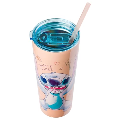 Image of Silver Buffalo Disney Lilo and Stitch Island Doodles Chilled Vibes Double Walled Stainless Steel Tumbler with Straw, 22 Ounces