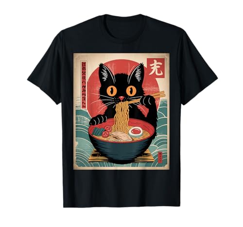 Kawaii Anime japonés gato ramen gato comiendo fideos Camiseta
