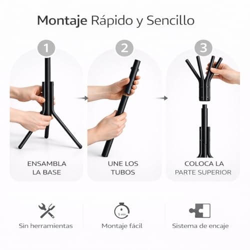 Miniatura 6 de Perchero De Pie Metálico Con Ganchos Múltiples Diseño Moderno Y Estable Estructura De Acero Resistente Base Triangular Antivuelco Ideal Para Entrada, Dormitorio U Oficina Negro