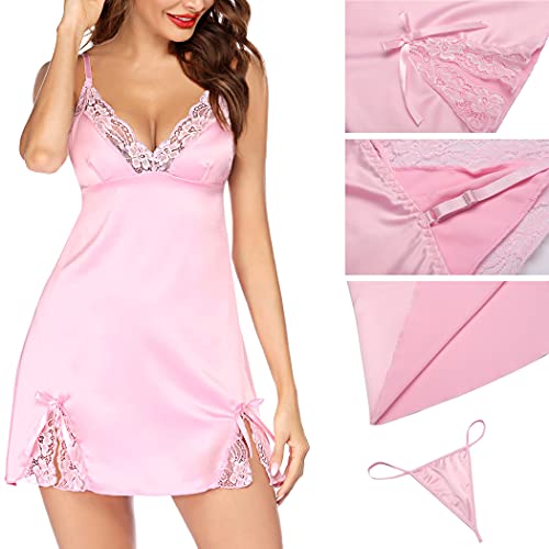 Image of ADOME Lingerie for Women Lace Chemise Nightgown Satin Babydoll Dress Silk Slip Nightwear S-XXL