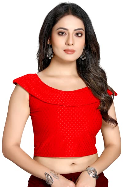 Image of Cotton Lycra Stretchable Off Sholder Short Sleeves Saree Blouse Readymade Crop Top Choli for Girls and Womens