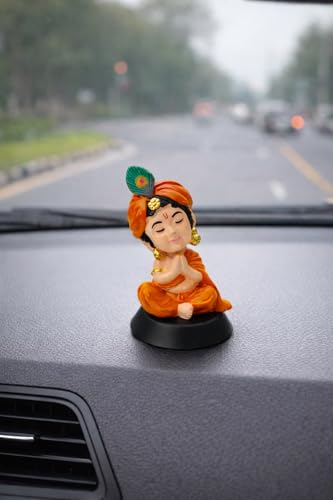 Image of Bal Krishna Idol for Car Dashboard | Premium Laddu Gopal Figurine for Home, Office & Car Decor | Baby Krishna Murti | Hindu God Statue | Spiritual Gift & Decorative Idol | Krishan Close Eye | Orange