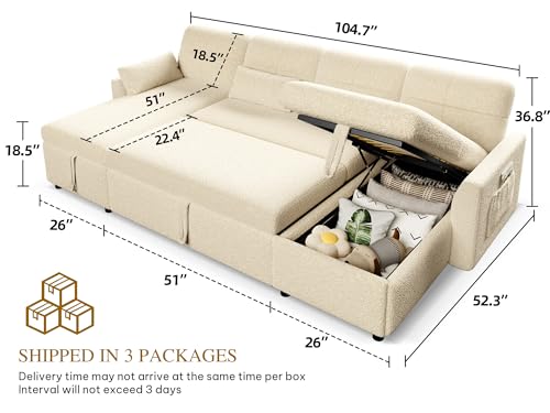 DWVO 105" Sectional Sofa Couch, 2 in 1 Sleeper Sofa Bed with Reversible Storage Chaise Pull Out Bed, U-Shape Sofa Bed for Living Room, Side Storage Pocket, Teddy Fleece, Beige