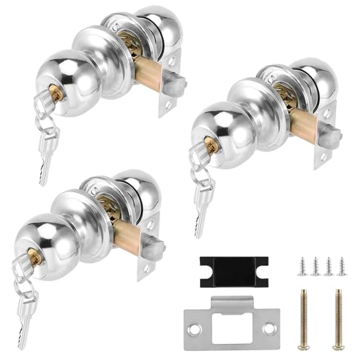 MAKTSAM 3 pomos de puerta con llave, cerraduras esféricas de acero inoxidable de 6.9 pulgadas para interiores, cerraduras esféricas plateadas para el hogar, oficina, lugar de trabajo