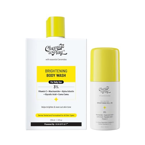 Image of Chemist At Play Brightening Roll On For Neck, Knee & Elbow With 6% Vitamin C+ Hyaluronic Acid, AHAs, Niacinamide, & Ceramides 40ml + Brightening Body Wash | Vitamin C Bodywash for Glowing Skin | Fades Dark Spots 236 ml