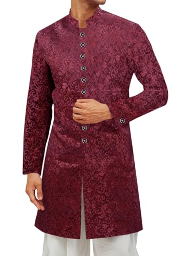 Runcati Mens Kurta Sherwani Coats Kaftan Indian Ethnic Royal Suits Mandarin Collar Wedding Festive Party Blazer Burgundy