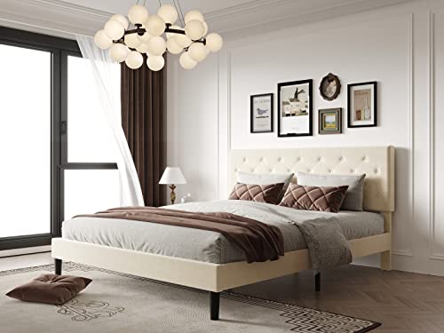 Bonsoir Queen Size Bed Frame Upholstered Low Profile Traditional Platform With Tufted Headboard/No Box Spring Needed/No Bed Skirt Needed/Soft Faux Velvet Upholstery/Ivory #TOP1