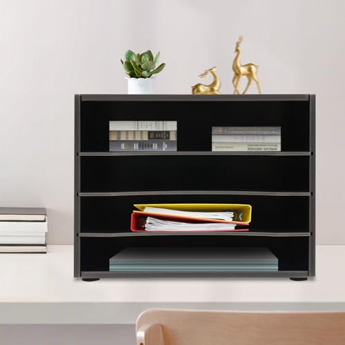RABEEXP Desk Paper Organzier 4 Compartments PVC-Board Desktop Organizer Storage Office Paper Shelves Letter Tray File Sorter with Adjustable Shelves for Office Home Classroom File Organizer (Black)