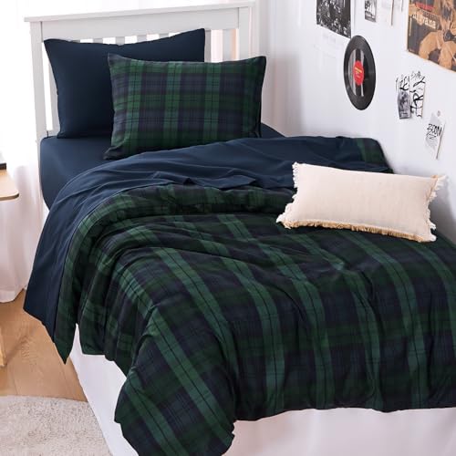 Image of Wake In Cloud - Plaid Comforter Set, Scottish Tartan Check Geometric Modern Pattern Printed, Soft Lightweight Bedding, 3 Pieces, Dark Green, Twin /Twin XL Size