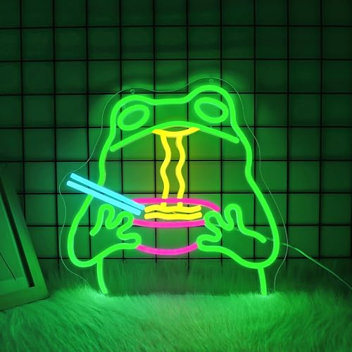 Image of Neon Sign, JGHTURIE Frog Dimmable Neon Signs for Wall Decor, Cute Funny Frog Ramen Light up Led Sign for Room, Kitchen, Shop, Bar, Birthday, Party & Home Decor - USB Powered