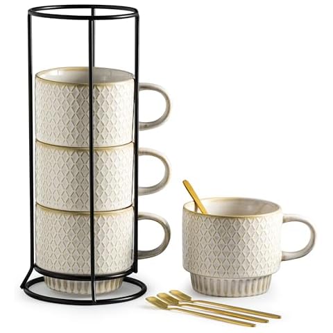 Gomakren Coffee Mugs Set of 4, 13 Ounce Stackable Coffee Mugs with Stand, Ceramic Coffee Cups with Spoon for Coffee, Espresso, Cappuccino, Latte, Cocoa, Tea and Milk, Creamy White Cover