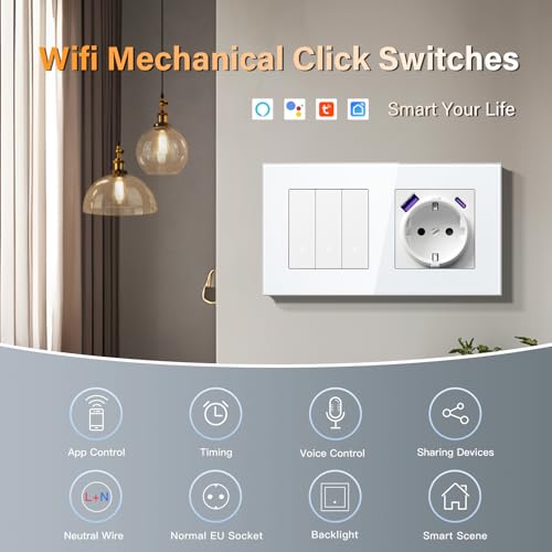 BSEED Steckdose mit PD USB/TYPE C Lichtschalter Unterputz 3 Fach 1 Weg WIFI Smart Lichtschalter (Neutralleiter Erforderlich), Compatibel mit Alexa/Google Home，157mm，Wei&szlig;
