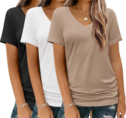 HOTOUCH Womens T Shirts Short Sleeve V Neck Basic Tee Soft Casual Loose Fit Summer Tops Outfits 2025 Fashion