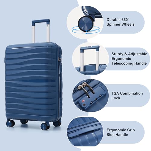 Image of Hardshell Luggage Sets, Lightweight Wave Suitcases with Spinner Wheels, PP Blue