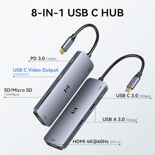 Image of USB-C Hub HDMI Adapter for MacBook Pro /Air, 8-in-1 USB-C Video Hub with HDMI 4K@60Hz, SD /TF, USB-C Data Port, 100W PD, USB 3.0, USB-C Dongle Compatible with Dell XPS /Lenovo Thinkpad /HP /Surface /Yoga