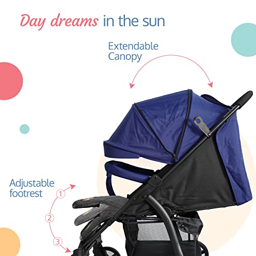 Image of LuvLap Primo Baby Stroller /Pram with 5 Point Safety Harness, EN1888-2 Certified, Looking Window, Multi Level Recline & Adjustable footrest, Extendable Canopy, Blue