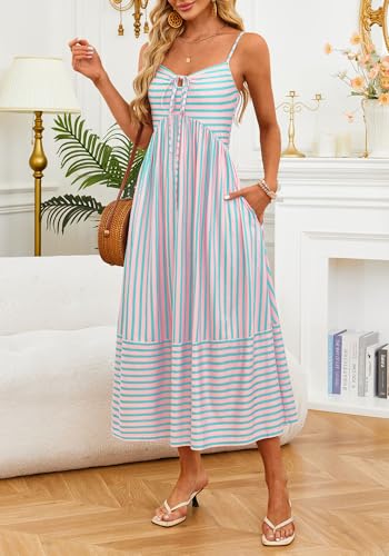 Image of Fashionme Womens Summer Maxi Dresses 2026 Trendy Striped Vacation Boho Beach Spaghetti Strap Sundress Back Tie with Pockets