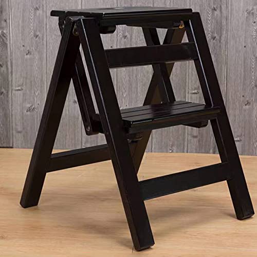 Taburete plegable de madera maciza natural, escalera de 2 escalones que ahorra espacio para uso doméstico, cocina y oficina, compacto y fácil de almacenar