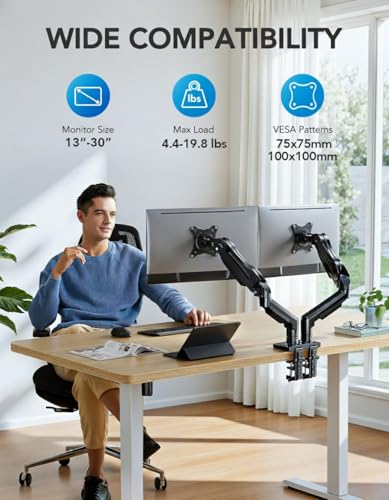Image of HUANUO FlowLift Dual Monitor Stand, Fully Adjustable Gaming Monitor Desk Mount for 13-30″ Computer Screens, Full Motion VESA 75x75 /100x100 with C-Clamp & Grommet Base, Each Arm Holds 4.4 to 19.8 lbs