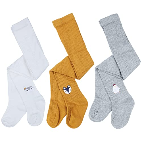 Shorant 3 Pares Leotardos Medias Niña Invierno con Lindo Bordado de Animales Pantimedias Niña Termicos Algodón para Bebé Niña 3-8 Años (Blanco + Gris + Amarillo, 3-5 años) Cover