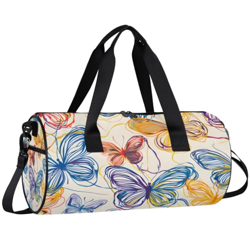 Hand-painted Butterflies Round Barrel Sports Fitness Bag, Multi-colored Travel Luggage Bag, Reusable Handbag, Suitable For Men and Women