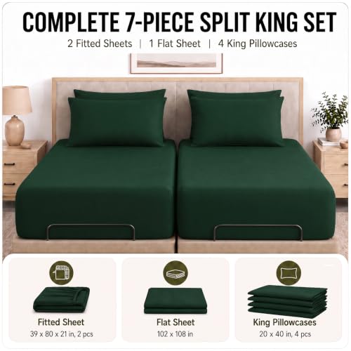 Image of CozyLux 7-Piece Split King Sheets, Fits 18-21 Inch Mattresses, Oeko-TEX | 4 Pillowcases, 1 Flat Sheet and 2 Fitted Sheets with All-Around Elastic, 21-Inch Deep Pockets for a Secure Fit, Emerald Green
