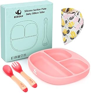 BEBOAN Silicone Divided Plate, Upgraded Non Slip Suction Plates,100% BPA-Free Feeding Dishes, Baby Toddler Plate Fits for Most High Chair (Cute Pink)