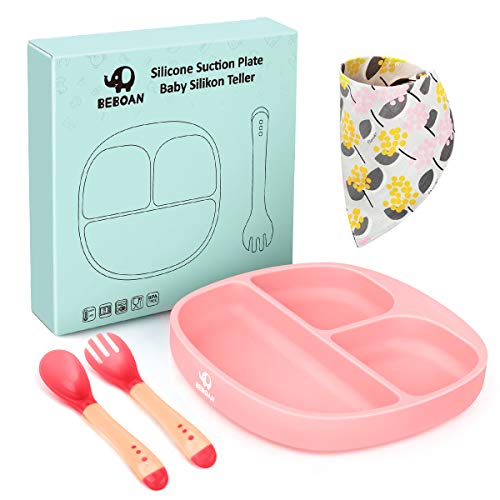 Image of BEBOAN Baby Suction Plate, Silicone Divided Plate Set with Lid, Fork and Spoon for Boys and Girls, 100% BPA-Free Baby Food Plate, Dishwasher & Microwave Friendly, Fits for Most High Chair (Cute Pink)