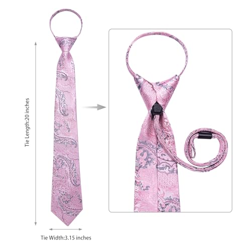 Image of DiBanGu Silk Zipper Ties for Men,Paisley Solid Plaid Pre-tied Tie and Pocket Square Cufflinks Set Formal Adjustable Necktie