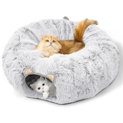 Ousuga Plush Cat Tunnel Bed with Washable Cushion, Ash Grey