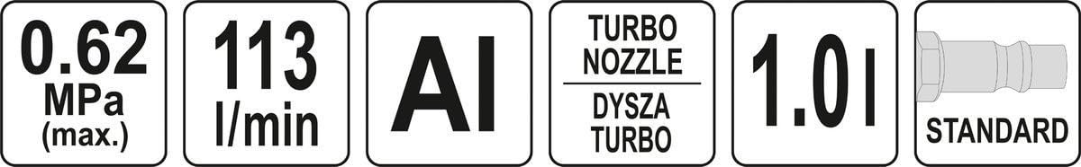 Yato Profesjonalny pistolet na sprężone powietrze z lekkiego i stabilnego aluminium, 113 l/min, dysza turbo, butelka na środek czyszczący o pojemności 1 l, regulowana, pianka