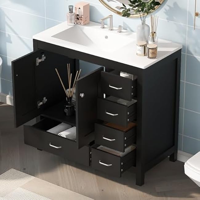 Bathroom Vanity Set, 36 Bathroom Vanity with Resin Sink Combo, Solid Wood Frame Bathroom Storage Cabinet with 5 Drawers & Soft Closing Doors, MDF Boards, Gold Metal Knobs