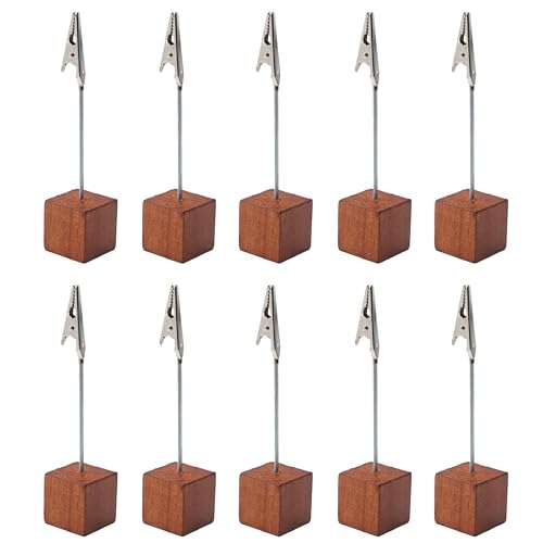 bskkw 10PCS Brown Wooden Cube Base Memo Clip Holders, Alligator Clip Stands for Table Numbers, Place Cards, Photos and Wedding Decorations