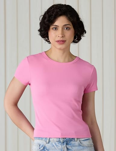 Image of Amazon Brand - Symbol Women's Slim Fit Cropped Rib T-Shirt (Round Neck | Half Sleeve | Pack of 2) (Available in Plus Size)