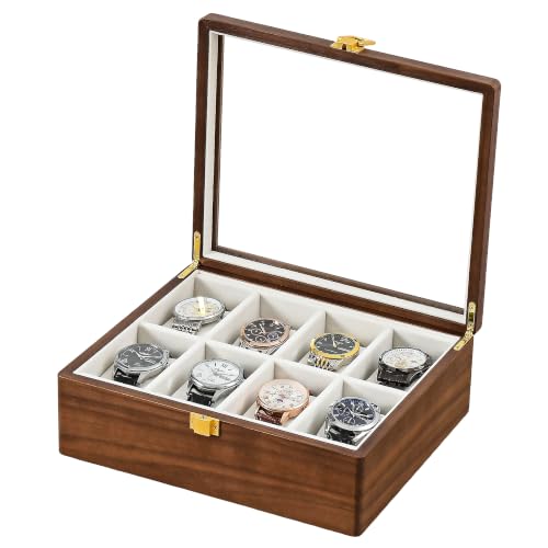 Image of Solid Black Walnut Watch Box, 8 Slot Wooden Watch Organizer with Glass Lid, High-End Watch Display Case Jewelry Storage Box, Gift for Husband, Dad, Birthday, Anniversary, Father's Day, Men and Women