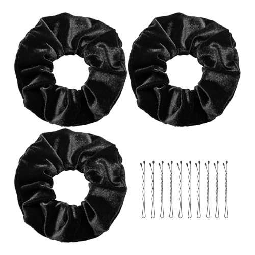 3 pezzi elastici per capelli in velluto con chiusura lampo, scrunchies per capelli flanella, scrunchies per capelli, nero, con 10 forcine per capelli, per viaggi, sport, compleanno, anniversario