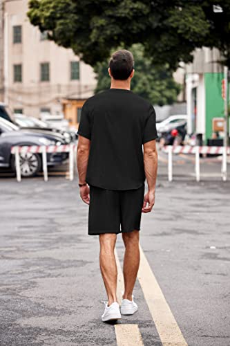 Ekouaer Men Pj Shorts And Henley Shirts Button Up 2 Pcs Pajamas Set Cotton Linen Yoga Beach Outfits Summer Black #TOP7