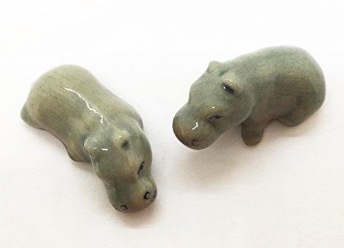 WitnyStore Tiny 1¼" Gray Couple Baby Hippopotamus Figurine - Miniature Hand Made Painted Ceramic Hippo African Aquatic Mammal Wildlife Animals Cute Porcelain Decorative Collectible Figures Décor Gifts