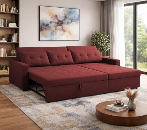 Image of Emilio 4 Seater RHS L - Shape Pull-Out Sofa Cum Bed Sofa for Living Room (Maroon Fabric Color) Premium Fabric Sofa Set for Living Room Sofa Cum Bed