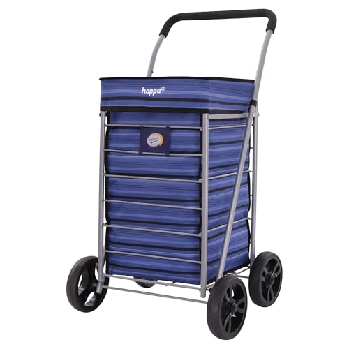 Hoppa Lightweight 4-Wheel Premium 2024 Model Folding Shopping Trolley Extra Large 75.6L Capacity Shopping Trolley Bag, 95cm, 4.8kg, Push/Pull (Blue Stripes)