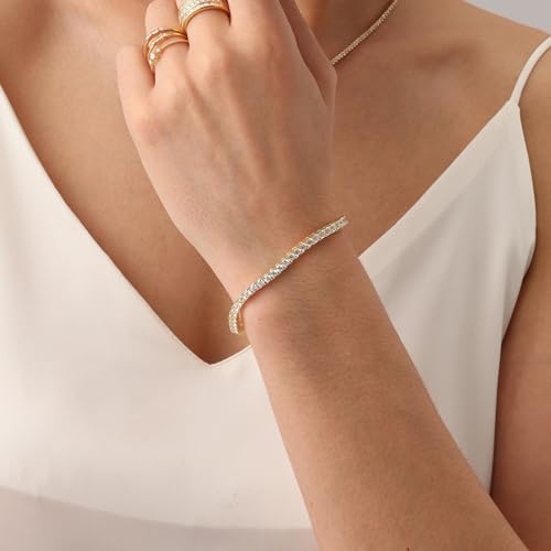 18K Gold Plated Moissanite Tennis Bracelet for Women | 3.3MM Width Round Moissanite Diamond Stackable Cuff Bracelets | Gold Bracelets for Her (5.10 Cttw To 5.90 Cttw)3