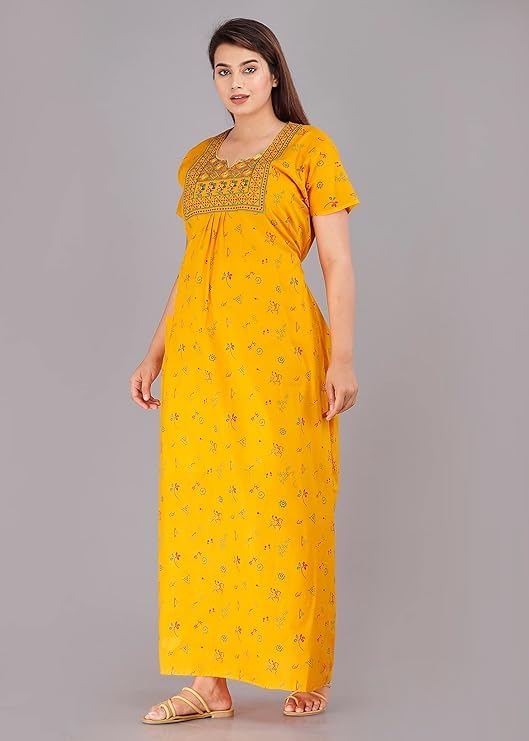 Image of Vlazom Women's Cotton Nighty - Jaipuri Rajasthani Printed Maxi Dress with Embroidery & Pockets