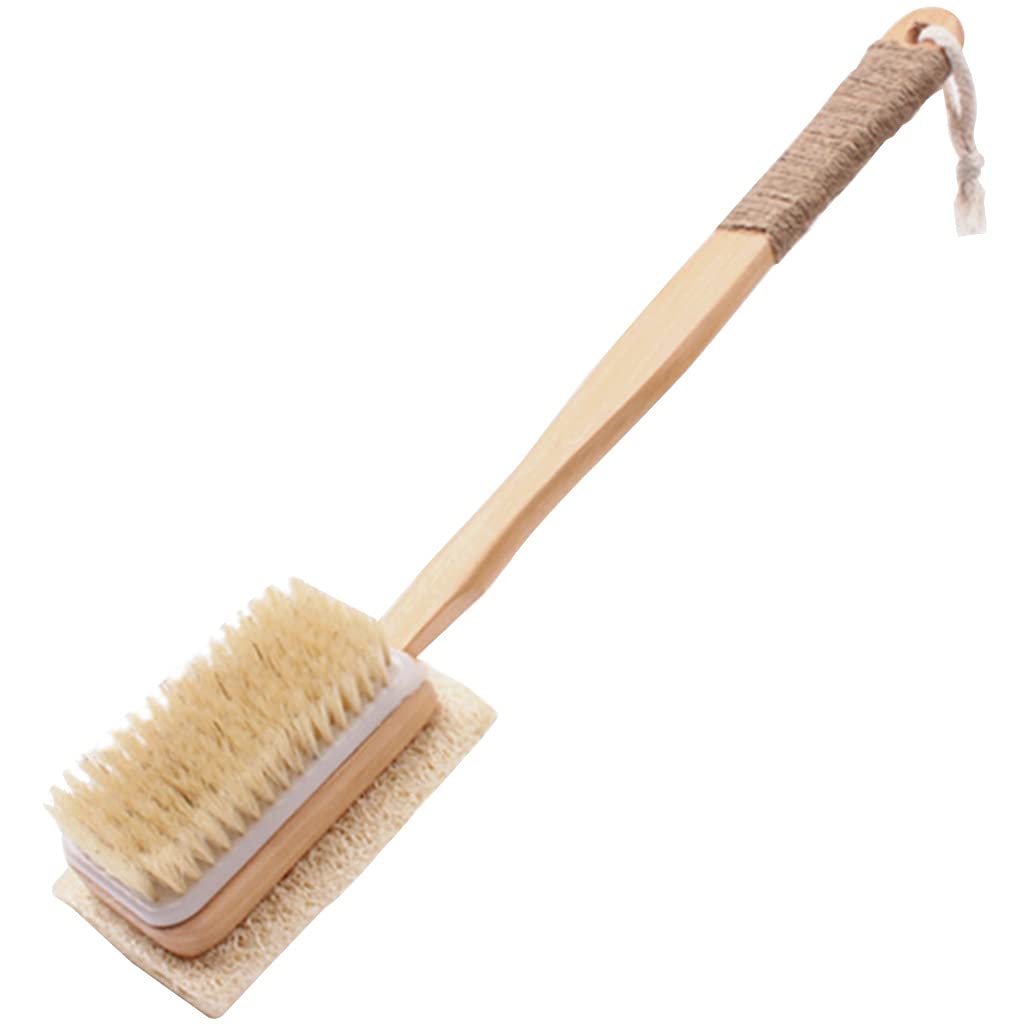 Doppelseitige Körperbürsten mit natürlichen Borsten aus Haar und Luffa, Badebürste aus Holz, reinigt den Körper leicht, rutschfeste Hautbürste mit Bindfadengriff(42 * 9cm*2)
