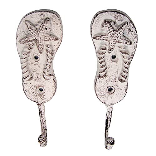 Beach Themed Decor- Cast Iron Pair of White Washed Flip Flop Wall Hooks, Set of 2, 6.5 Inches - Image 2
